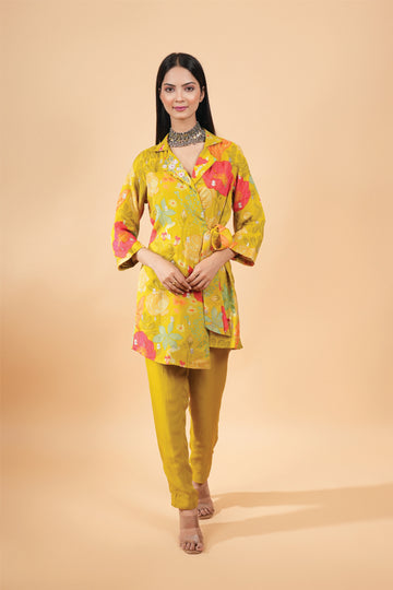 Makhmal Mustard Green Organza fabric co-ord set