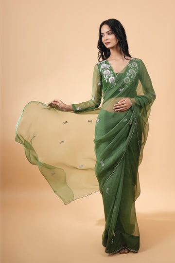 Makhmal pure organza emereld green saree