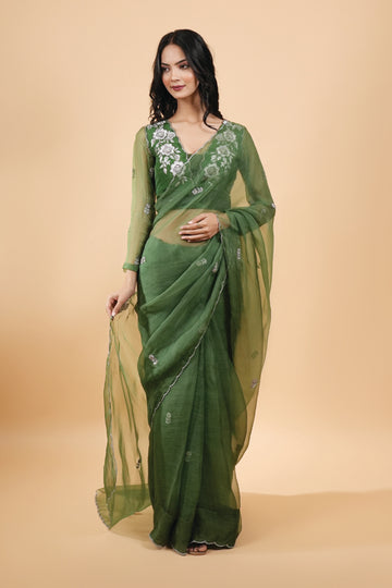 Makhmal pure organza emereld green saree