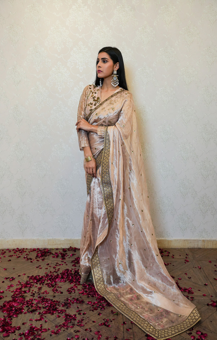 Pure Blush Rose Gold Tissue Hand Embroidered Saree