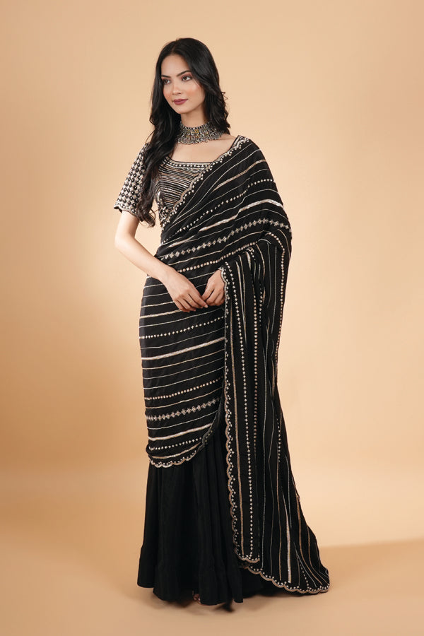 Makhmal beautiful black pre draped saree