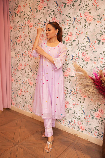 Lilac Pure Chanderi Kurta Pants with Heart Embroidery Beautiful Lases