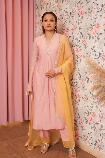 Pure  Chanderi Pink Mirror Suit With Yellow Dupatta