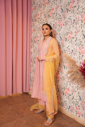 Pure  Chanderi Pink Mirror Suit With Yellow Dupatta