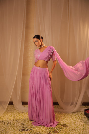 Elegant Lavender Ensemble Blouse and Skirt with Pearl and Mirror Patra Dupatta