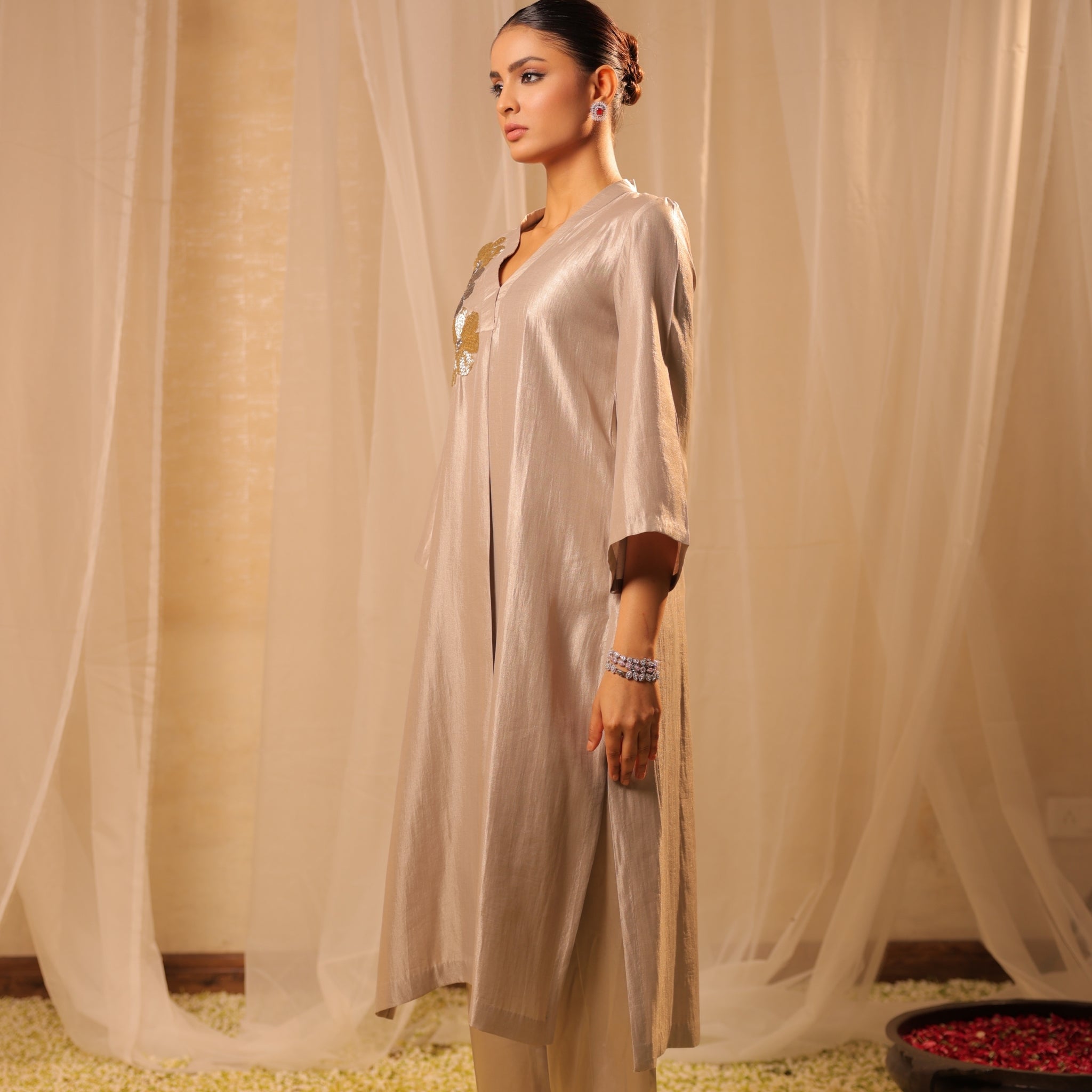 Elegant Beige Organic Shimmer Kurta with Hand Embroidered Motifs and Plazo