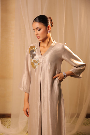 Elegant Beige Organic Shimmer Kurta with Hand Embroidered Motifs and Plazo