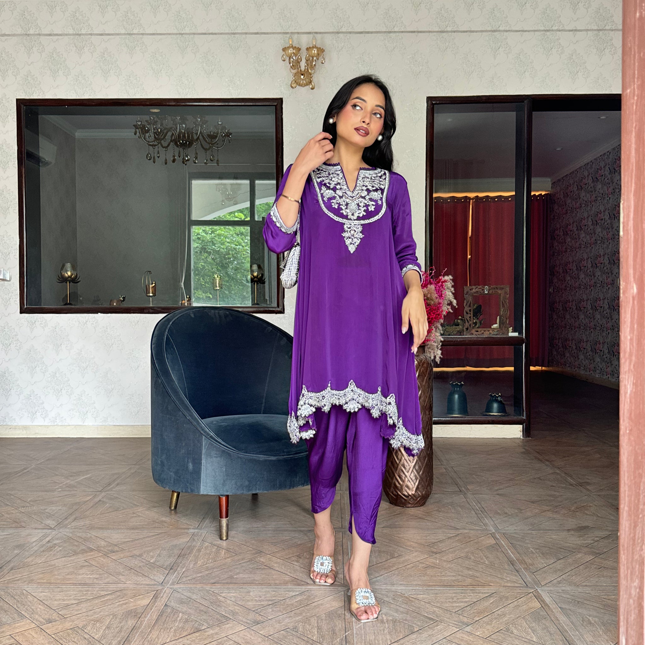 Deep Purple Dabka Hand Work  Kurta with Tulip