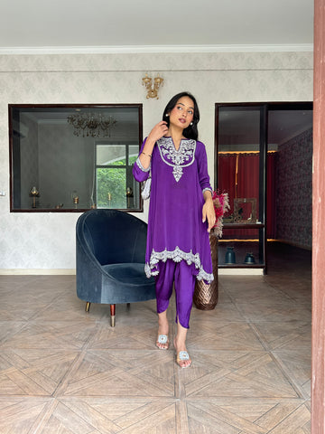 Deep Purple Dabka Hand Work  Kurta with Tulip