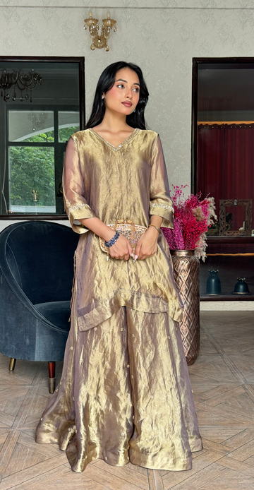 Gold Pure Silk Tissue Hand Work on Palazzo and Kurta