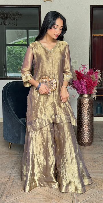 Gold Pure Silk Tissue Hand Work on Palazzo and Kurta