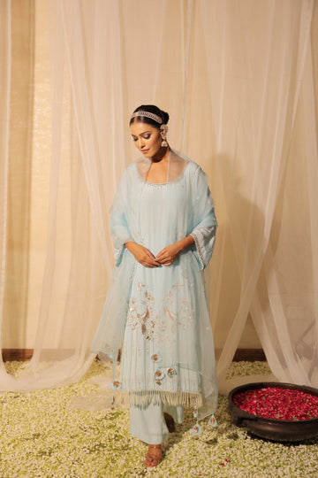 Elegant Aqua Blue Suit with Heavy Hand Embroidery and 3/4 Sleeves Square Neck