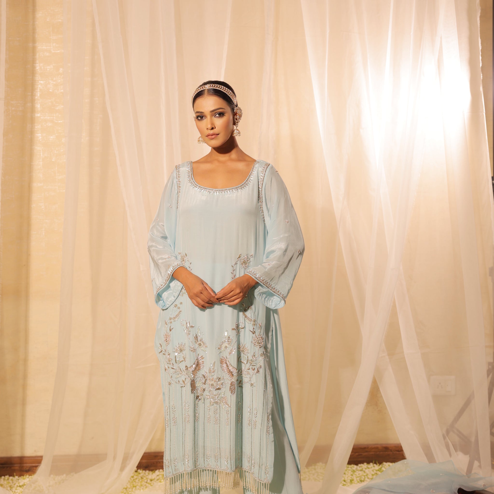 Elegant Aqua Blue Suit with Heavy Hand Embroidery and 3/4 Sleeves Square Neck