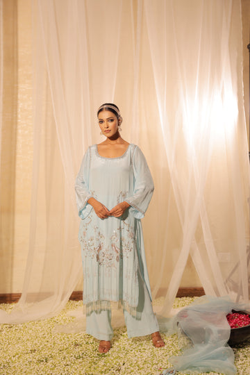 Elegant Aqua Blue Suit with Heavy Hand Embroidery and 3/4 Sleeves Square Neck