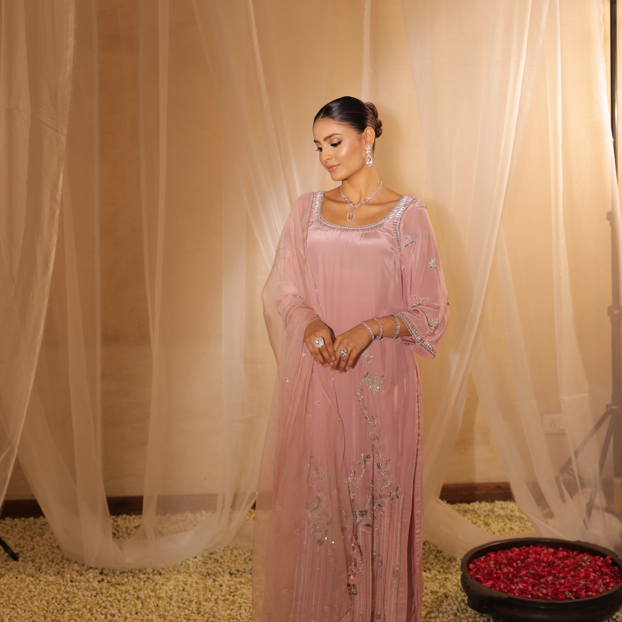 Elegant Pink Lilac Silk Full Suit with Heavy Hand Embroidered Dabka and 3/4 Sleeves