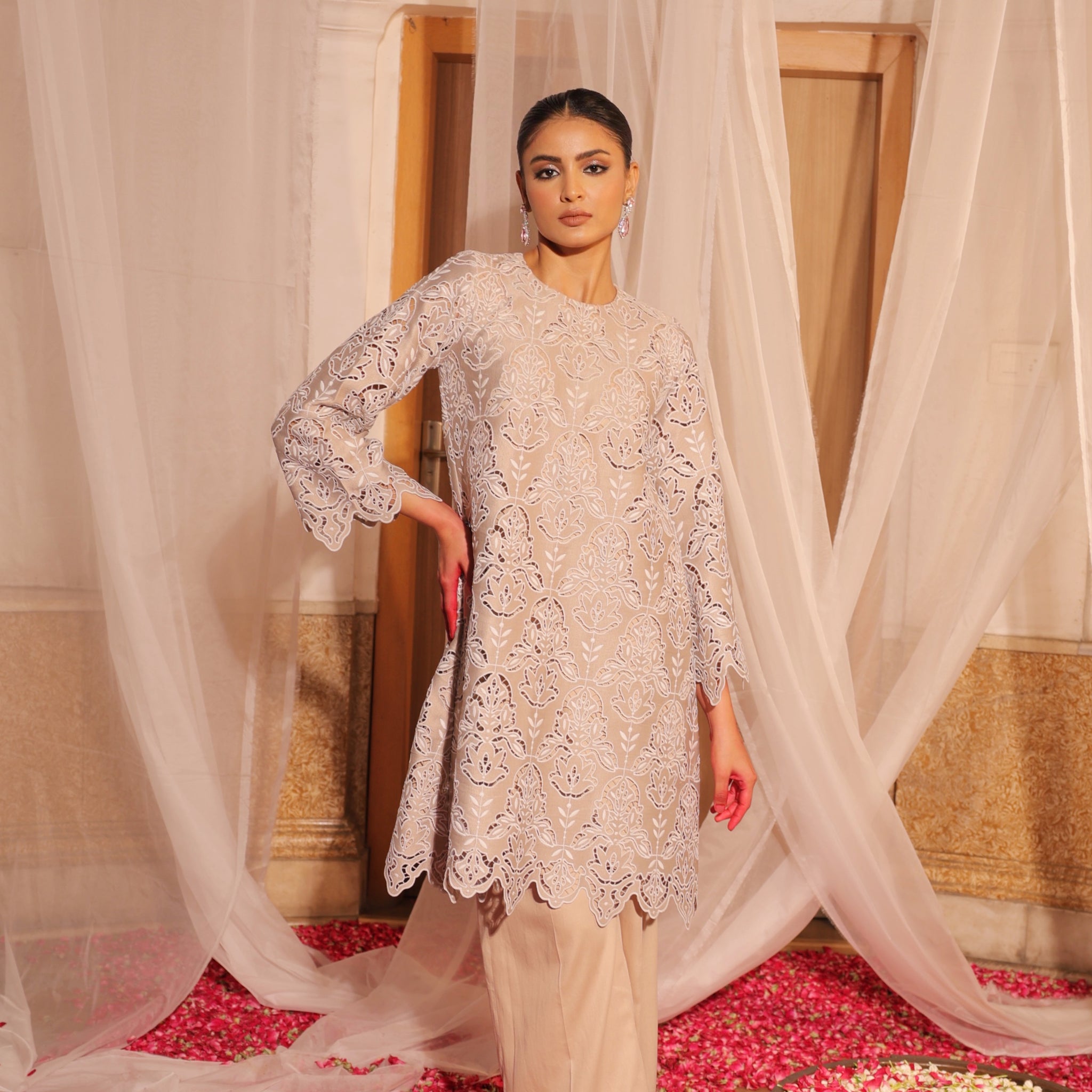 Elegant Beige Hollow Embroidered Kurta with Straight Pants for a Chic Look