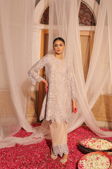 Elegant Beige Hollow Embroidered Kurta with Straight Pants for a Chic Look