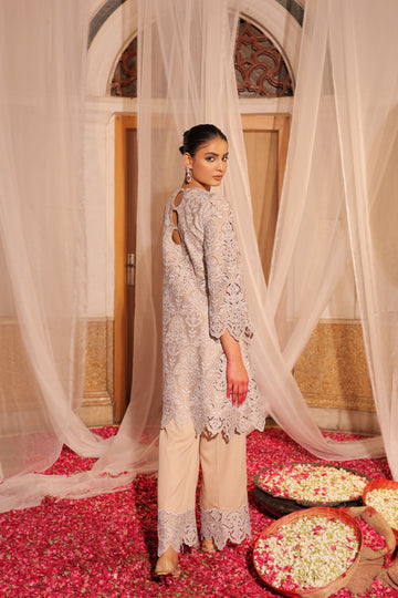 Elegant Beige Hollow Embroidered Kurta with Straight Pants for a Chic Look