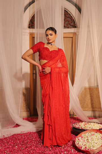 Charming Cherry Red Blouse with Light Red Pre-Draped Saree Featuring Hand Work Half Sleeves