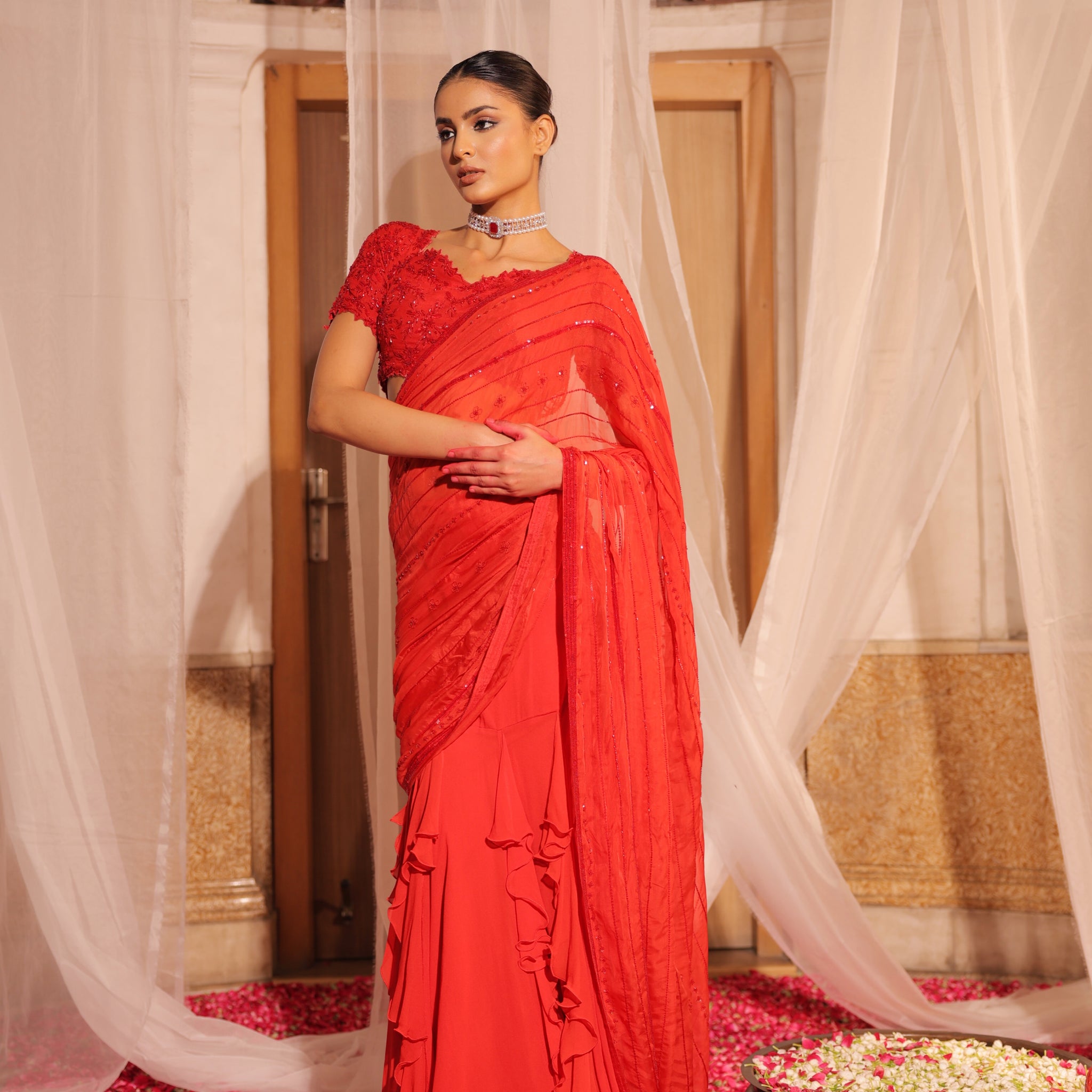 Charming Cherry Red Blouse with Light Red Pre-Draped Saree Featuring Hand Work Half Sleeves