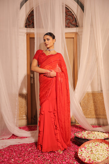 Charming Cherry Red Blouse with Light Red Pre-Draped Saree Featuring Hand Work Half Sleeves