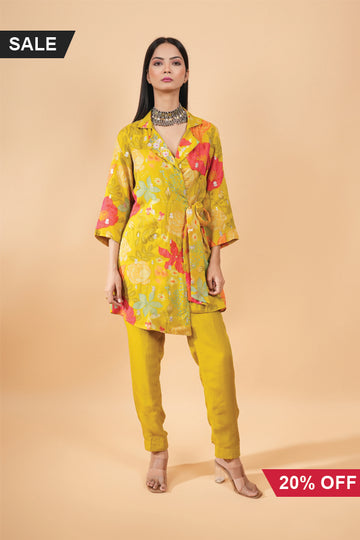 Makhmal Mustard Green Organza fabric co-ord set